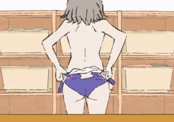 1girl 1other animated animated_gif ass bottle competition_swimsuit convenient_censoring from_behind go6jovoahdc8h7k grey_hair love_live! love_live!_sunshine!! nude one-piece_swimsuit scene_reference shampoo_bottle short_hair solo_focus standing swimsuit towel undressing watanabe_you