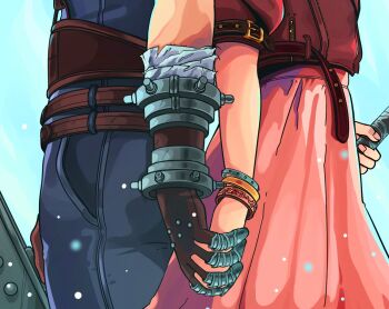 1boy 1girl aerith_gainsborough back-to-back bandaged_arm bandages bangle belt belt_buckle blue_background blue_pants blue_shirt bracelet brown_belt brown_gloves buckle buster_sword cloud_strife commentary couple cropped_jacket dress english_commentary final_fantasy final_fantasy_vii final_fantasy_vii_rebirth final_fantasy_vii_remake gloves hand_focus hetero holding holding_hands holding_staff holding_sword holding_weapon interlocked_fingers jacket jewelry pants pink_dress red_jacket shirt staff sword thisbymaha weapon