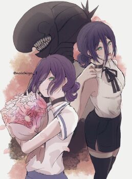 1girl black_choker black_ribbon black_shorts black_thighhighs blue_shorts bomb_devil_(chainsaw_man) bouquet breasts chainsaw_man choker collared_shirt cowboy_shot dual_persona feet_out_of_frame flower green_eyes grenade_pin hair_between_eyes hair_bun hair_over_one_eye highres holding holding_bouquet medium_breasts medium_hair multiple_views neck_ribbon noichigo_f pink_flower purple_hair reze_(chainsaw_man) ribbon shirt short_sleeves shorts sleeveless sleeveless_shirt smile teeth thighhighs tongue tongue_out twitter_username updo white_shirt