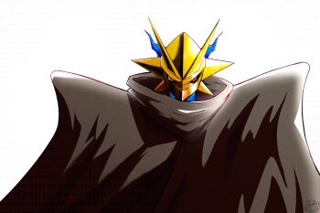 absurdres cloak commentary digimon digimon_(creature) english_commentary gold_helmet highres liquidzerom looking_at_viewer magnamon red_eyes simple_background solo upper_body white_background