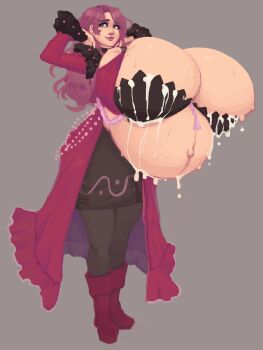1girl arms_up big_belly boots breasts cleavage dorothea_arnault female_focus fire_emblem fire_emblem:_three_houses full_body gigantic_breasts green_eyes highres lactation lactation_through_clothes lips long_hair navel nintendo pregnant solo sweat xcel-zero