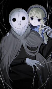 1boy 1girl absurdres alice_(black_souls) animal_head asdf1211950 black_background black_souls black_souls_2 blonde_hair blue_dress blunt_bangs cape doll_alice_(black_souls) dress grey_cape hairband hand_up highres juliet_sleeves lolita_hairband long_hair long_sleeves looking_at_viewer lorde_(black_souls) puffy_sleeves puppet_strings simple_background