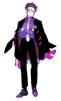 1boy black-framed_eyewear black_hair black_jacket black_pants closed_mouth collared_shirt commentary_request corbeau_(pokemon) crossed_arms eyewear_strap full_body glasses highres jacket jacket_on_shoulders long_sleeves looking_to_the_side male_focus mega_stone necktie nintendo open_clothes open_jacket pants parted_hair pokemon pokemon_legends:_z-a purple_hair purple_shirt round_eyewear shirt short_hair short_sideburns sideburns simple_background solo undercut white_background white_necktie yachimata_1205 yellow_eyes