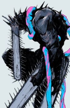 1boy blood chainsaw chainsaw_devil chainsaw_man chun_lo dark_skin extra_arms highres male_focus monster sharp_teeth simple_background solo teeth white_background