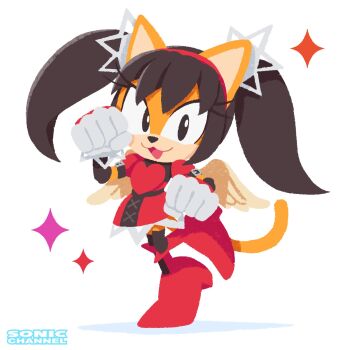 1girl :3 animal_ears black_eyes black_hair cat_ears cat_girl cat_tail commentary_request dress fake_wings full_body furry furry_female gloves hairband highres honey_the_cat long_hair looking_at_viewer official_art open_mouth paw_pose red_dress red_hairband red_shoes shoes simple_background smile solo sonic_(series) sonic_the_fighters sonic_the_hedgehog_(classic) sonic_the_hedgehog_official sparkle tail twintails white_background white_gloves wings yellow_fur