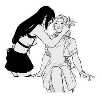 Rule 34 | 2girls, aerith gainsborough, arm belt, bangle, bare arms, bare shoulders, black bra, black hair, black skirt, black thighhighs, blush, bra, bracelet, braid, braided ponytail, breasts, center opening, choker, cleavage, crop top, cropped jacket, dress, final fantasy, final fantasy vii, final fantasy vii remake, flower, greyscale, hair flower, hair ornament, hair tie, hand in another's hair, highres, jewelry, kaciart, long dress, long hair, low-tied long hair, medium breasts, miniskirt, monochrome, multiple girls, parted bangs, pleated skirt, ribbon choker, shirt, sidelocks, single braid, sitting, skirt, sleeveless, sleeveless shirt, smile, sports bra, suspenders, thighhighs, tifa lockhart, underwear, white background, white shirt, yuri