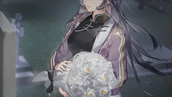 1girl bouquet breasts character_request chinese_clothes closed_mouth earrings fingernails flower frown game_cg grass grave graveyard highres holding holding_bouquet holding_flower jewelry large_breasts love_curse:_find_your_soulmate non-web_source official_art pale_skin pink_lips solo