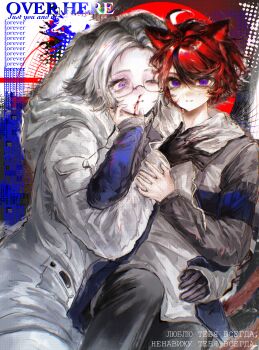 2boys abstract_background absurdres ahoge animal_ears aotsuki_eito black_gloves black_hair black_pants blood blood_on_face blue_eyes blue_jacket cat_boy cat_ears cat_tail chinese_commentary closed_mouth commentary_request drawstring english_text extra_ears eyelashes fang fang_out glasses gloves grey_hair grey_jacket hair_between_eyes hand_on_another's_arm hand_on_another's_chest hand_on_another's_chin hand_on_another's_waist highres hood hood_down hooded_jacket hoodie jacket jacket_over_hoodie kemonomimi_mode long_sleeves lop_rabbit_ears male_focus mixed-language_text multicolored_hair multicolored_jacket multiple_boys nosebleed one_eye_closed open_clothes open_jacket pants pocket procreate_(medium) rabbit_boy rabbit_ears rabbit_tail rectangular_eyewear red_hair red_pupils russian_text semi-rimless_eyewear short_hair slit_pupils smile streaked_hair sumino_takumi tail the_hundred_line_-last_defense_academy- two-tone_hair two-tone_jacket variant_set white_hoodie white_jacket white_pants yanrenxi20831 yaoi