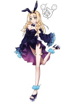 1girl alternate_costume animal_ear_hairband animal_ears bare_shoulders black_leotard blonde_hair bow bowtie braid breasts cleavage commentary_request cosmog detached_collar fake_animal_ears gen_7_pokemon hairband high_heels highres leg_up legendary_pokemon leotard lillie_(pokemon) long_hair low_twin_braids medium_breasts nintendo parted_lips playboy_bunny pokemon pokemon_sm purple_bow purple_bowtie rabbit_ear_hairband rabbit_ears sino_(pcxg4558) strapless strapless_leotard toes twin_braids