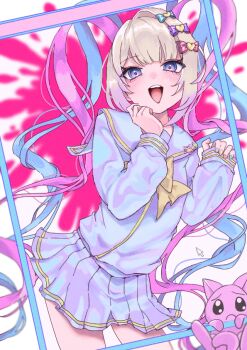 1girl :d ass_shake blonde_hair blood blood_splatter blue_eyes blue_hair blue_serafuku blunt_bangs bow chest_bow chouzetsusaikawa_tenshi-chan cowboy_shot fourth_wall gradient_eyes hair_bow hand_on_own_chest hand_up leaning_forward looking_at_viewer multicolored_eyes multiple_hair_bows needy_girl_overdose open_mouth outside_border pien_cat_(needy_girl_overdose) pink_blood pink_eyes pink_hair quad_tails rmeowu school_uniform serafuku sidelocks smile solo window_(computing)