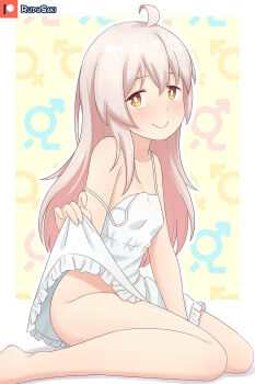 1girl ahoge barefoot blush closed_mouth clothes_lift commentary dress dress_lift full_body genderswap genderswap_(mtf) hair_between_eyes highres lifting_own_clothes long_hair looking_at_viewer male-female_symbol no_panties onii-chan_wa_oshimai! oyama_mahiro pink_hair rudy_saki sidelocks sitting sleeveless sleeveless_dress smile solo white_dress