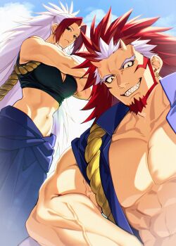 1boy 1girl abs artist_name beard biceps black_eyes black_shirt blue_skirt blue_sky blue_vest breasts closed_mouth cloud cloudy_sky colored_bangs commentary_request cowboy_shot crop_top crossed_arms curtained_hair earrings facial_hair from_below grin hidari_(yomi_no_tsugai) highres horns jewelry large_breasts large_pectorals long_hair looking_at_viewer looking_down migi_(yomi_no_tsugai) multicolored_hair muscular muscular_arms muscular_male navel onimoti pectorals red_hair rope sharp_teeth shirt single_horn skin-covered_horns skirt sky sleeveless sleeveless_shirt small_horns smile standing teeth two-tone_hair veins veiny_arms very_long_hair vest white_hair yomi_no_tsugai
