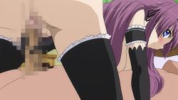 1boy 1girl all_fours animated arm_support ass bent_over blue_eyes blush breast_press breasts censored from_behind girl_on_top hanging_breasts hariyama_kiriha highres imminent_penetration large_breasts legs long_hair looking_at_viewer looking_back maid_headdress nude penis_grab pubic_hair purple_hair pussy smile tagme teasing thighs tsun_tsun_maid_wa_ero_ero_desu vaginal very_long_hair video