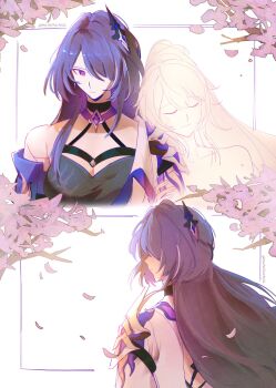 2girls acheron_(honkai:_star_rail) armor branch breasts choker cleavage closed_eyes commentary crop_top earrings english_commentary flower from_behind ghost hair_between_eyes hair_ornament hair_over_one_eye highres honkai:_star_rail honkai_(series) honkai_impact_3rd jacket jewelry kiana_kaslana large_breasts leaning_on_person long_hair mscheckacheck multiple_girls open_clothes open_jacket petals purple_eyes purple_hair shoulder_armor single_bare_shoulder single_earring strap white_streaks yuri