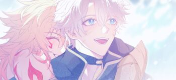 Rule 34 | 2boys, antenna hair, arm tattoo, black choker, black shirt, blonde hair, blue eyes, choker, closed eyes, facial tattoo, gradient hair, highres, honkai: star rail, honkai (series), hug, hug from behind, male focus, medium hair, multicolored hair, multiple boys, mydei (honkai: star rail), neck tattoo, open mouth, ozshengrikakeyizailaiyizhangma, parted bangs, phainon (honkai: star rail), red hair, red tattoo, shirt, short hair, smile, sun symbol, sun tattoo, tan, tattoo, white hair, yaoi