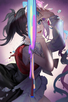 1girl ame-chan_(needy_girl_overdose) artist_name black_hair black_skirt blonde_hair blue_eyes blue_hair blue_serafuku blue_shirt blue_skirt bow chouzetsusaikawa_tenshi-chan commentary_request dual_persona gradient_background hair_bow highres jpdjs liquid long_sleeves looking_at_viewer multicolored_hair needy_girl_overdose open_mouth pink_hair polish_text pouring purple_background red_shirt school_uniform serafuku shirt short_sleeves signature skirt smile split_theme twintails yellow_background