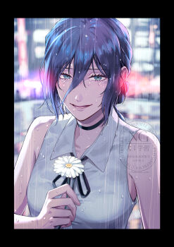 1girl absurdres black_choker black_ribbon blue_eyes blue_hair chainsaw_man choker collared_shirt flower hair_between_eyes highres holding holding_flower looking_at_viewer neck_ribbon police_siren rain reze_(chainsaw_man) ribbon shirt solo takemura_yum watermark wet wet_clothes wet_hair wet_shirt white_flower white_shirt