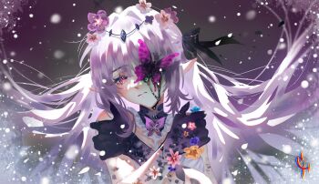 1girl absurdres artist_logo black_bow bow bug butterfly butterfly_facial_mark castorice_(honkai:_star_rail) closed_mouth coconuthound commentary crossed_arms english_commentary flower hair_bow hair_flower hair_ornament hands_on_own_shoulders highres honkai:_star_rail honkai_(series) insect logo long_hair looking_at_viewer mutation pink_flower pointy_ears purple_bag purple_butterfly purple_eyes purple_hair solo upper_body very_long_hair