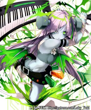 1girl bandaged_arm bandaged_leg bandages big_bang_(wixoss) blue_shirt green_eyes hair_over_one_eye holding holding_key instrument key keyboard_(instrument) long_hair looking_at_viewer lukyyuki open_mouth patchwork_skin purple_hair shirt solo wixoss wixoss_diva(a)live