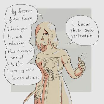 1girl chicxibalba commentary cowboy_shot dark_souls_(series) dark_souls_ii dress emerald_herald english_commentary english_text gloves grey_background hair_over_one_eye highres long_bangs long_sleeves looking_at_viewer meme off-shoulder_dress off_shoulder open_mouth short_hair smile solo thanks_for_not_saying_based_(meme) thumbs_up two-tone_background white_background