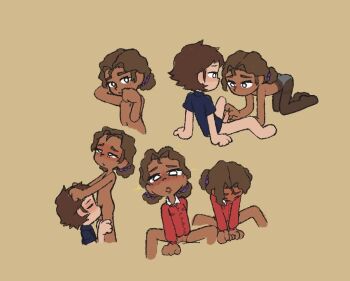 1boy 1girl bottomless brown_hair cassie_(fnaf) commentary cowgirl_position cunnilingus dark-skinned_female dark_skin english_commentary erection five_nights_at_freddy's girl_on_top gregory_(fnaf) half-closed_eyes handjob hetero interracial kodomo_doushi loli navel oral penis pussy sex short_hair shota simple_background smile standing standing_cunnilingus straddling tipsytangent00 topless_female vaginal