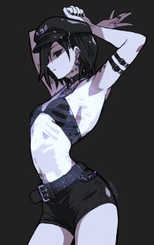 1girl absurdres arm_belt arm_tattoo armpit_focus armpits arms_behind_head arms_up black_background black_eyes black_hair black_hat black_nails black_shorts breasts commentary earrings hat heart heart_tattoo highres jewelry looking_at_viewer multiple_rings original parted_lips peaked_cap ribs ring short_hair shorts simple_background small_breasts solo spine stomach_tattoo sushi_pizza_rrr tattoo x-ray