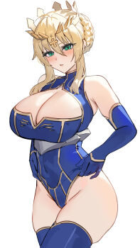 1girl absurdres artoria_pendragon_(fate) artoria_pendragon_(lancer)_(fate) bare_shoulders blonde_hair blue_gloves blue_leotard blue_thighhighs blush breasts cleavage commentary cowboy_shot elbow_gloves fate/grand_order fate_(series) gloves green_eyes hair_between_eyes highres huge_breasts leotard looking_at_viewer marumai medium_hair parted_lips sidelocks simple_background solo thighhighs thighs white_background