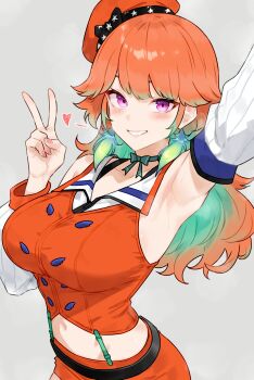 1girl absurdres armpits bluefield breasts closed_mouth commentary earrings feather_earrings feathers gradient_hair green_hair grey_background grin heart highres hololive hololive_english jewelry large_breasts long_hair looking_at_viewer multicolored_hair navel orange_hair purple_eyes smile solo sweat takanashi_kiara takanashi_kiara_(1st_costume) virtual_youtuber