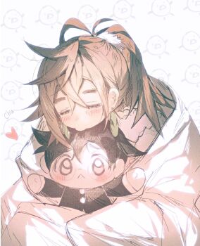 1boy 1girl ayase_momo black_hair blush brown_hair character_doll closed_eyes cowlick crossed_bangs dandadan de557777 doll earrings glasses hair_between_eyes hetero highres jewelry long_hair ponytail short_hair stuffed_toy takakura_ken_(dandadan)