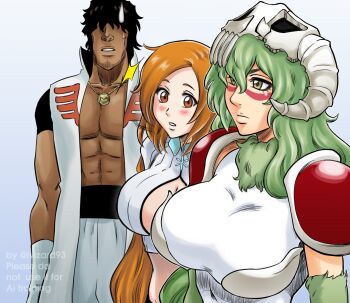 Rule 34 | 1boy, 2girls, armor, artist name, bleach, bleach: sennen kessen-hen, breasts, brown eyes, brown hair, cleavage, cleavage cutout, closed mouth, clothing cutout, collarbone, dark-skinned male, dark skin, detached sleeves, espada, facial mark, gloves, green hair, hair ornament, hairclip, hollow mask, inoue orihime, ivizard art93, jewelry, large breasts, long hair, mask, mask on head, medium hair, midriff, multiple girls, necklace, nelliel tu odelschwanck, official alternate costume, orange hair, puffy sleeves, sado yasutora, shoulder armor, simple background, skull on head, snowflake hair ornament