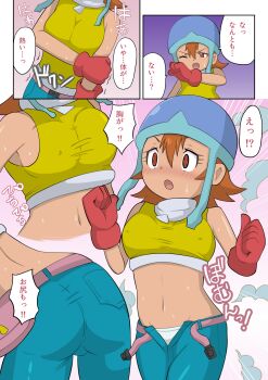 ass belt blush breasts denim digimon digimon_adventure gloves jeans loli open_mouth oppai_loli orange_hair panties pants pink_belt red_gloves takenouchi_sora underwear white_panties