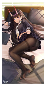 1girl ass azur_lane bed black_cardigan black_hair black_pantyhose black_serafuku cardigan clothes_lift commentary_request dasoey feet full_body hair_ornament highres horns long_hair long_sleeves looking_at_viewer no_shoes noshiro_(azur_lane) oni panties pantyhose pillow purple_eyes sailor_collar school_uniform serafuku skirt skirt_lift soles underwear white_panties white_sailor_collar x_hair_ornament