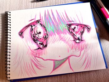 Rule 34 | 1girl, abstract, absurdres, art tools in frame, blending, closed mouth, commentary, dot mouth, eaoa dnmm, highres, looking at viewer, marker (medium), medium hair, melting, melting eyes, original, photo (medium), pink theme, portrait, sketchbook, solo, tareme, traditional media