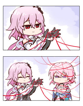 2girls anger_vein commentary dress dual_persona earrings english_commentary evernight_(honkai:_star_rail) flower gloves hair_flower hair_ornament highres honkai:_star_rail honkai_(series) jewelry layered_dress march_7th_(honkai:_star_rail) march_7th_(preservation)_(honkai:_star_rail) multicolored_eyes multiple_girls mzxiaxi off_shoulder pink_hair red_eyes single_earring strap string string_of_fate thread two-tone_eyes yuri