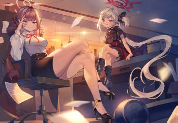 Rule 34 | 2girls, absurdly long hair, absurdres, aru (blue archive), bad id, bad pixiv id, belt, black footwear, black jacket, black shirt, blue archive, boots, breasts, brown coat, brown eyes, brown hair, building, ceiling, cityscape, coat, collared shirt, commentary request, crossed legs, desk, dress shirt, evening, frilled skirt, frills, fur trim, hair ribbon, halo, high heels, highres, horns, huge filesize, jacket, long hair, looking at viewer, medium breasts, multiple girls, mutsuki (blue archive), obu (da1103ll), office, on desk, paper, pencil skirt, phone, plaid clothes, plaid skirt, red eyes, red neckwear, red ribbon, red skirt, ribbon, shirt, short sleeves, sitting, skirt, skyline, smile, smug, thighs, tongue, tongue out, very long hair, white hair, white shirt, window