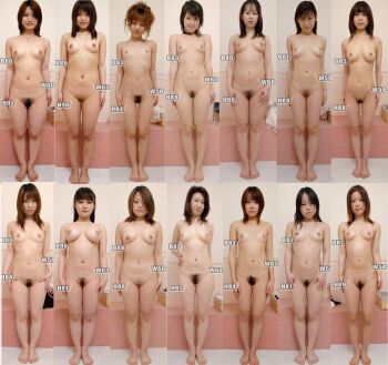 6+girls asian breasts chart everyone flat_chest large_breasts lineup multiple_girls navel nipples nude photo_(medium) pubic_hair small_breasts
