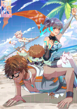 2boys 2girls arm_up artist_name beach black-framed_eyewear blue_hair blue_sky body_markings breasts brown_eyes brown_hair clenched_teeth cloud collarbone commentary_request commission dark-skinned_female dark-skinned_male dark_skin exercising fiery_hair flag glasses glowing_lines glowing_markings holding holding_flag horizon looking_ahead medium_breasts mio_(xenoblade) multiple_boys multiple_girls nanami_shingu nopon official_alternate_costume open_mouth origami outdoors palm_tree push-ups riku_(xenoblade) sena_(xenoblade) side_ponytail skeb_commission sky smile sweat swimsuit taion_(xenoblade) teeth tree watermark watermark_grid xenoblade_chronicles_(series) xenoblade_chronicles_3