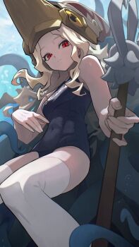 1girl blonde_hair blue_one-piece_swimsuit breasts cephalopod_eyes commission covered_navel from_below hata4564 headgear highres holding holding_polearm holding_weapon long_hair looking_at_viewer name_tag one-piece_swimsuit original polearm red_eyes scepter school_swimsuit skeb_commission skin_tight small_breasts solo swimsuit tentacles thighhighs trident underwater weapon white_thighhighs