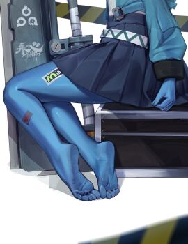 1girl absurdres barefoot blue_skin blue_skirt colored_skin commentary_request feet foot_focus highres huge_weapon jacket legs lower_body oni shirt simple_background sitting skirt soles solo soukaku_(zenless_zone_zero) toes user_feac7445 weapon white_shirt zenless_zone_zero