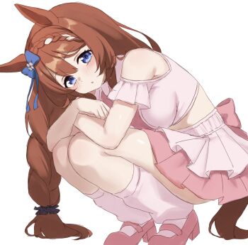 1girl animal_ears astroglia_cyte bare_shoulders blue_bow blue_eyes blush bow braid braided_bangs breasts brown_hair brown_tail clothing_cutout commentary_request ear_bow from_side hair_between_eyes highres horse_ears horse_girl horse_tail large_breasts long_hair looking_at_viewer loose_socks low-braided_long_hair low-tied_long_hair meni_shuki_rush-sshu! midriff multicolored_hair open_mouth pink_shirt pink_shoes pink_skirt pink_socks shirt shoes shoulder_cutout simple_background skirt socks solo squatting streaked_hair super_creek_(umamusume) tail umamusume white_background white_streaks