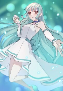 1girl absurdres aqua_background aqua_bow aqua_hair back_bow barefoot blue_choker bow choker commentary cure_lillian dress floating gloves hair_down half_gloves henshin highres holding long_hair magical_girl medium_dress nekoyashiki_mayu precure purple_eyes reaching reaching_towards_viewer shiny_cats_pact sleeveless sleeveless_dress solo very_long_hair white_dress white_gloves wonderful_precure! yin_yang6