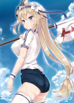 10s 1girl bad_anatomy bad_hands bandana blonde_hair blue_eyes breasts buruma female_focus flag flower fukuda_shuushi granblue_fantasy gym_uniform hair_flower hair_ornament highres jeanne_d&#039;arc_(granblue_fantasy) large_breasts long_hair numbered_flag see-through_clothes solo thighhighs thighs wet wet_clothes zettai_ryouiki