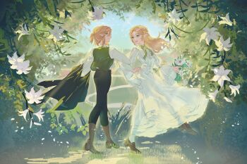 1boy 1girl :d absurdres basket bird black_jacket black_pants blonde_hair blue_eyes boots bow bowtie braid brown_boots brown_shoes chinese_commentary closed_mouth commentary_request daisy_(flower) dancing day earrings eye_contact flower frilled_sleeves frills full_body grass green_bow green_bowtie green_vest hair_between_eyes half_up_braid half_updo highres holding holding_basket holding_jacket holding_unworn_clothes jacket jewelry juliet_sleeves lily_(flower) link locked_arms long_hair long_skirt long_sleeves looking_at_another looking_to_the_side medium_hair nature nintendo open_clothes open_mouth open_vest outdoors pants parted_bangs path plant pointy_ears princess_zelda profile puffy_sleeves puritan_collar road shirt shoes skirt smile socks standing standing_on_one_leg the_legend_of_zelda the_legend_of_zelda:_breath_of_the_wild unworn_jacket vest vines wei_huo_hu white_flower white_shirt white_skirt white_socks