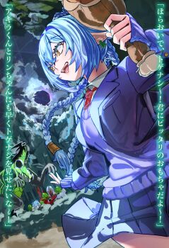 Rule 34 | 1boy, 2girls, alternate costume, animal ears, blue hair, blue jacket, blue skirt, braid, bush, cloud, commentary request, cowboy shot, crossed bangs, earrings, ethereal (zenless zone zero), forest, goat ears, goat girl, goat horns, goat tail, hair between eyes, harukimatsui 25, hiding, highres, hollow (zenless zone zero), horns, jacket, jewelry, long hair, looking back, lucia elowen, multiple girls, nature, necktie, night, open clothes, open mouth, pointy ears, purple sweater vest, red necktie, skirt, sweater vest, tail, translation request, tree, twin braids, yellow eyes, zenless zone zero