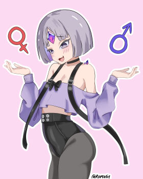 1other absurdres androgynous bare_shoulders black_bow black_bowtie black_choker black_eyes black_shorts blunt_bangs blush bob_cut bow bowtie choker commentary cowboy_shot english_commentary fang forehead_jewel gem grey_hair grey_pantyhose hand_on_own_hip high-waist_shorts highres hololive hololive_english kerovus long_sleeves mars_symbol off-shoulder_sweater off_shoulder open_mouth pantyhose pebble_(koseki_bijou) personification pointing purple_gemstone purple_sweater short_hair shorts simple_background smile solo strap sweater venus_symbol virtual_youtuber white_background