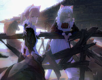 2girls alternate_costume animal_ears apron black_dress blue_eyes braid chinese_commentary commentary_request cow cute_mdr dress enmaided frilled_apron frilled_hairband frills full_body grey_eyes hair_over_one_eye hairband half_up_braid highres isekaijoucho kaf_(kamitsubaki_studio) kamitsubaki_studio long_sleeves looking_at_viewer maid maid_headdress medium_hair multiple_girls outdoors parted_lips pink_hair red_ribbon ribbon sidelocks standing white_dress white_hairband