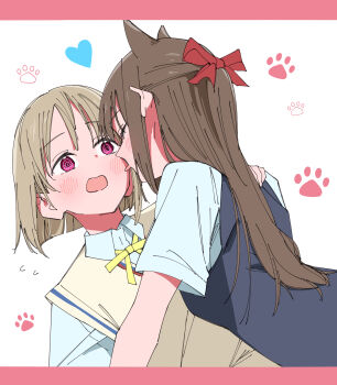 2girls absurdres animal_ears black_vest blue_shirt blush brown_hair cat_ears closed_eyes collared_shirt commentary_request haruruhaharur heart highres kemonomimi_mode long_hair love_live! love_live!_nijigasaki_high_school_idol_club multiple_girls nakasu_kasumi nijigasaki_school_uniform open_mouth osaka_shizuku paw_print pink_eyes school_uniform shirt short_hair sweater_vest tongue tongue_out vest white_background yellow_sweater_vest yuri