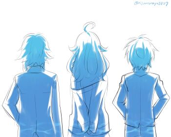 Rule 34 | 1girl, 2boys, absurdres, ahoge, arms behind back, blue theme, facing away, from behind, highres, izumo kasumi (nijisanji), jacket, long hair, monochrome, multiple boys, nijisanji, ninahachi, off shoulder, pants, shirt, simple background, suzuki masaru, twitter username, uzuki kou, virtual youtuber, white background