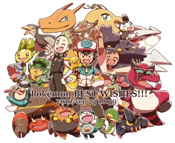 1girl 2boys ;d ^_^ arm_up ash_ketchum baseball_cap big_hair black_gloves black_hair black_pants black_vest blue_jacket blush boldore bow bowtie bright_pupils brown_eyes charizard cilan_(pokemon) closed_eyes closed_mouth commentary_request copyright_name crossed_arms crustle dark-skinned_female dark_skin dragonite emolga excadrill eyelashes fangs fingerless_gloves gen_1_pokemon gen_4_pokemon gen_5_pokemon gible gloves green_bow green_bowtie green_eyes green_hair grey_pants hair_between_eyes hand_on_own_hip hat highres iris_(pokemon) jacket krookodile leavanny long_hair long_sleeves long_tongue multicolored_jacket multiple_boys nintendo no_sclera nostrils on_shoulder one_eye_closed open_mouth oshawott outline palpitoad pansage pants pignite pikachu pokemon pokemon_(anime) pokemon_(creature) pokemon_bw_(anime) pokemon_on_shoulder purple_hair red-framed_eyewear sharp_teeth shirt short_hair short_sleeves simple_background smile snivy standing standing_on_one_leg stunfisk sunglasses teeth thumbs_up tongue tongue_out traditional_bowtie two-tone_jacket unfezant unfezant_(female) upper_teeth_only v very_long_hair vest w white_background white_jacket white_outline white_pupils white_shirt yellow_eyes yukikokoro zipper