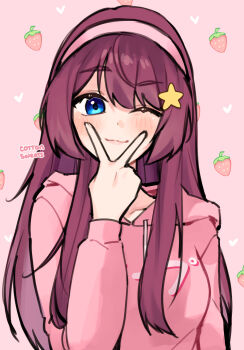 1girl ;3 blue_eyes blush character_request closed_mouth commentary copyright_request english_commentary eyelashes hair_ornament hairband heart highres hood hood_down hoodie long_hair long_sleeves one_eye_closed pink_background pink_hairband pink_hoodie red_hair sidelocks smile smolducko solo split_mouth star_(symbol) star_hair_ornament strawberry_background upper_body v